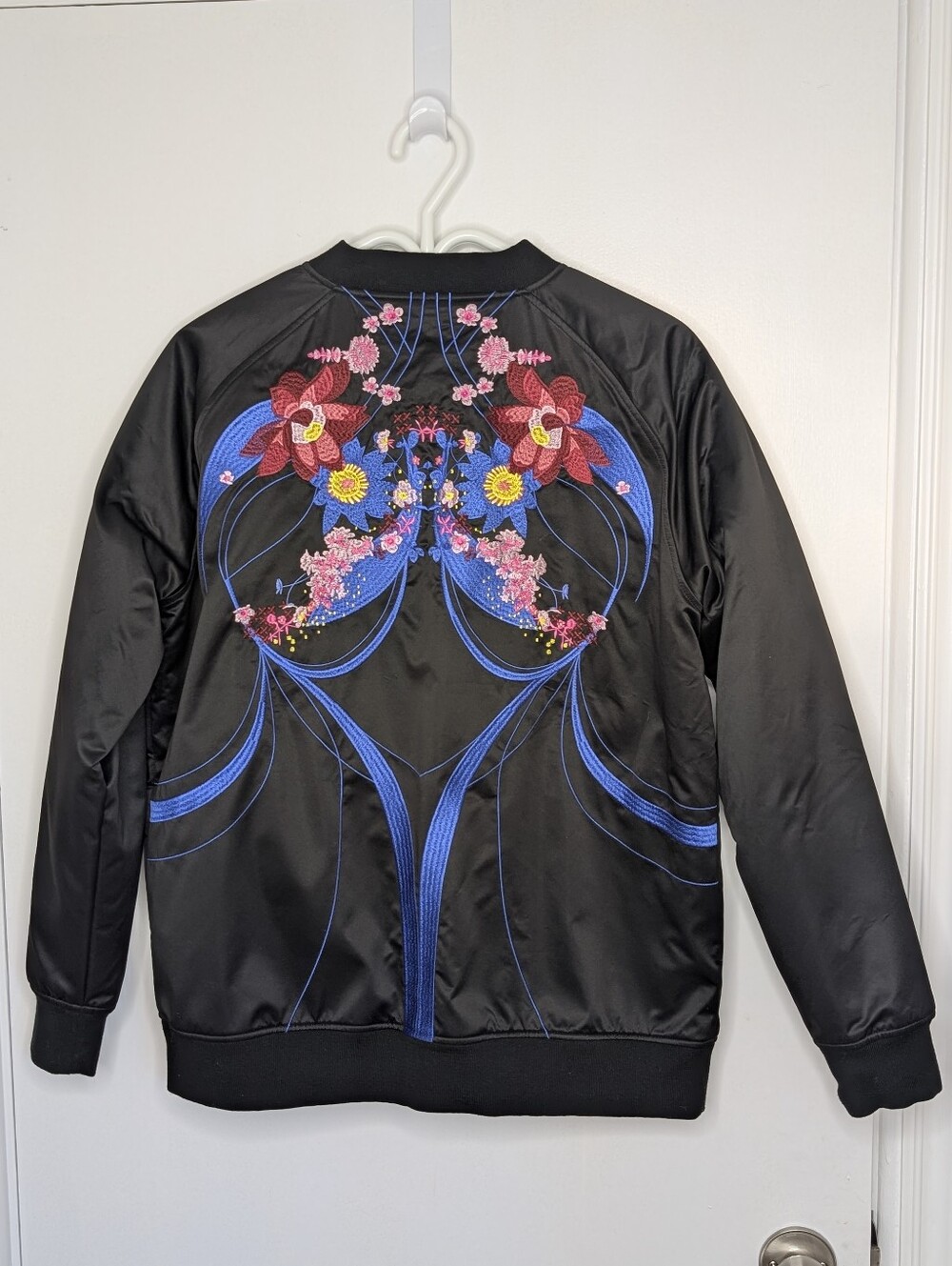 SWEATY BETTY Black Satin Embroidered Reversible Bomber Jacket with Floral Back